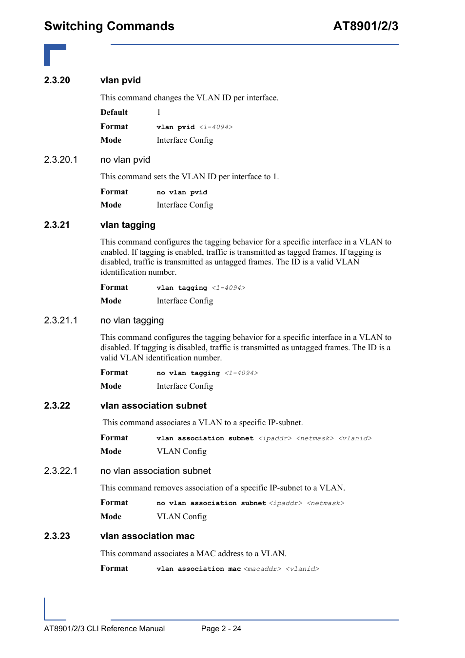20 vlan pvid, 21 vlan tagging, 22 vlan association subnet | 23 vlan association mac | Kontron AT890X Full-Size CLI User Manual | Page 58 / 304