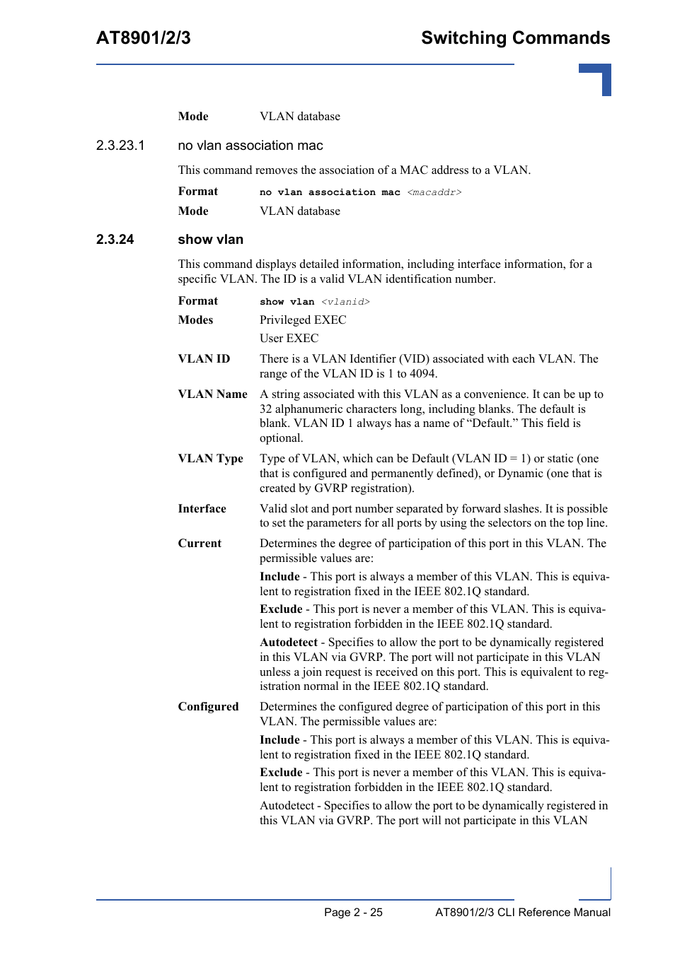 24 show vlan, 24 show vlan - 25 | Kontron AT890X Full-Size CLI User Manual | Page 59 / 304