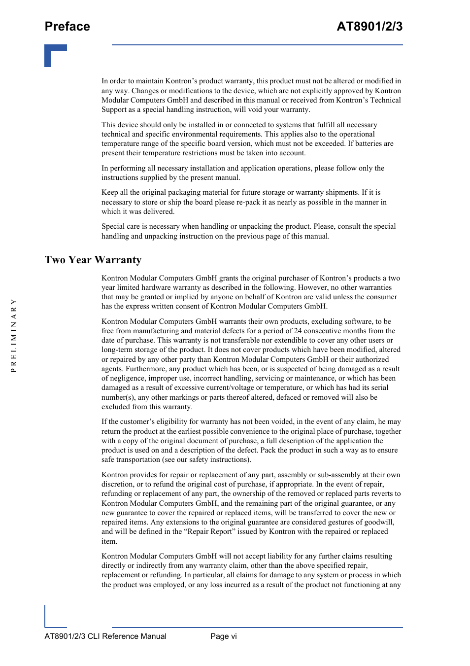 Two year warranty | Kontron AT890X Full-Size CLI User Manual | Page 6 / 304