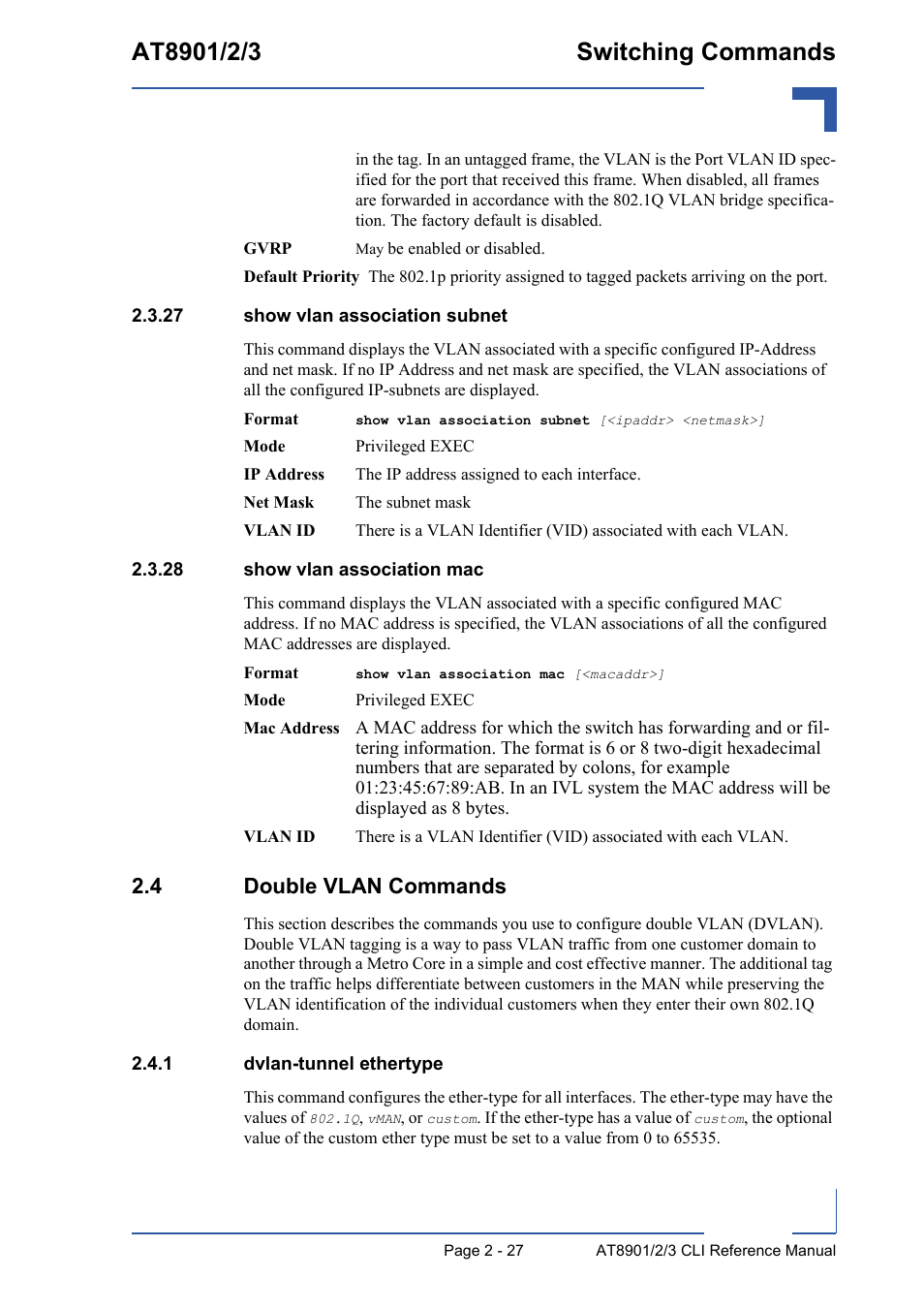 27 show vlan association subnet, 28 show vlan association mac, 4 double vlan commands | 1 dvlan-tunnel ethertype, 4 double vlan commands - 27, Dvlan-tunnel ethertype - 27 | Kontron AT890X Full-Size CLI User Manual | Page 61 / 304