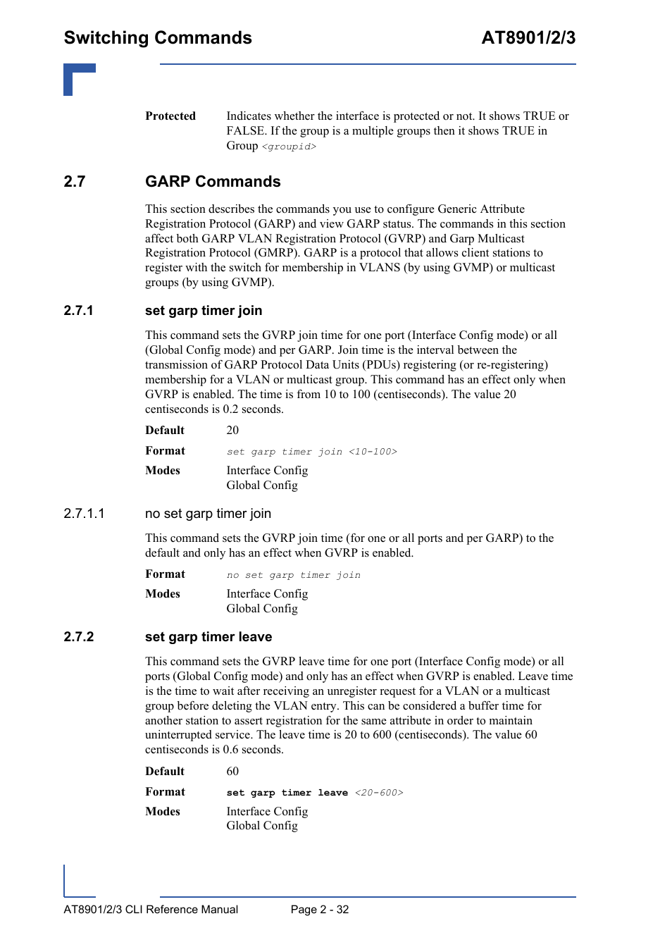 7 garp commands, 1 set garp timer join, 2 set garp timer leave | 7 garp commands - 32, Set garp timer join - 32, Set garp timer leave - 32 | Kontron AT890X Full-Size CLI User Manual | Page 66 / 304