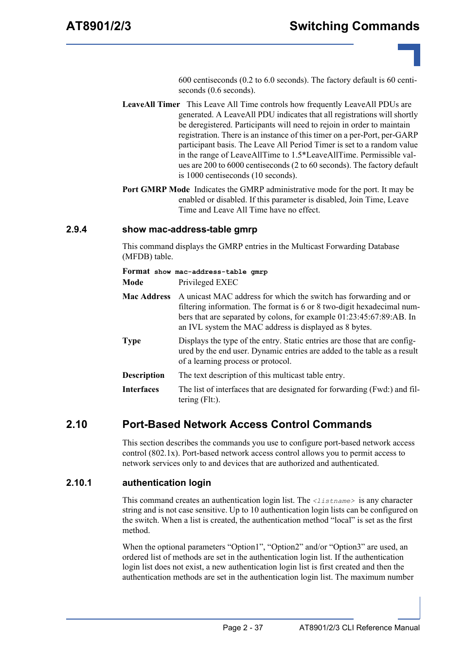 4 show mac-address-table gmrp, 10 port-based network access control commands, 1 authentication login | Show mac-address-table gmrp - 37, 10 port-based network access control commands - 37, 1 authentication login - 37 | Kontron AT890X Full-Size CLI User Manual | Page 71 / 304