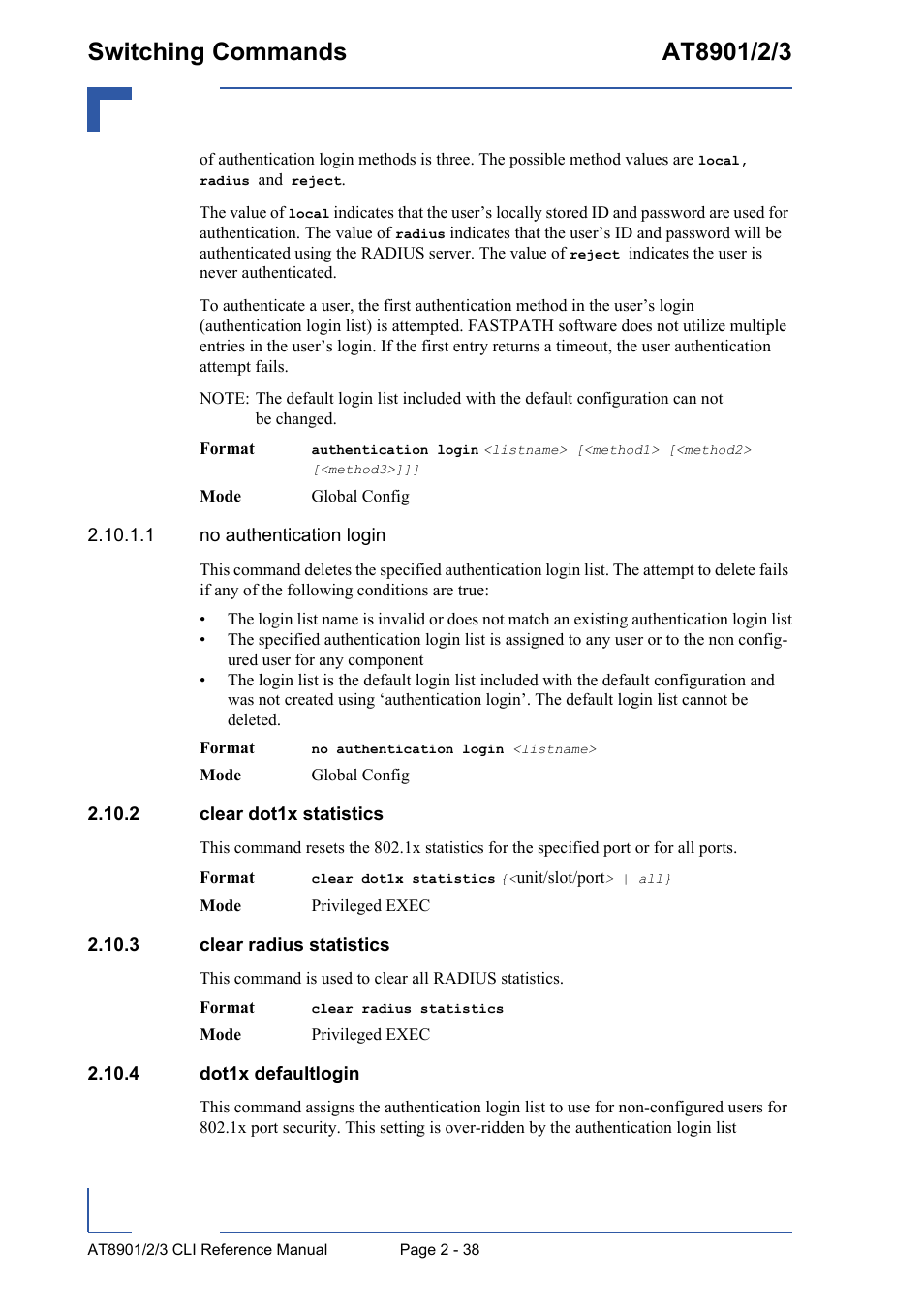 2 clear dot1x statistics, 3 clear radius statistics, 4 dot1x defaultlogin | Kontron AT890X Full-Size CLI User Manual | Page 72 / 304