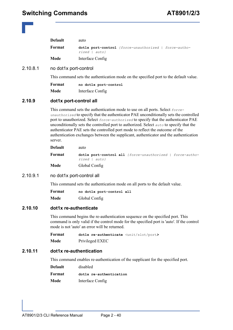9 dot1x port-control all, 10 dot1x re-authenticate, 11 dot1x re-authentication | Kontron AT890X Full-Size CLI User Manual | Page 74 / 304