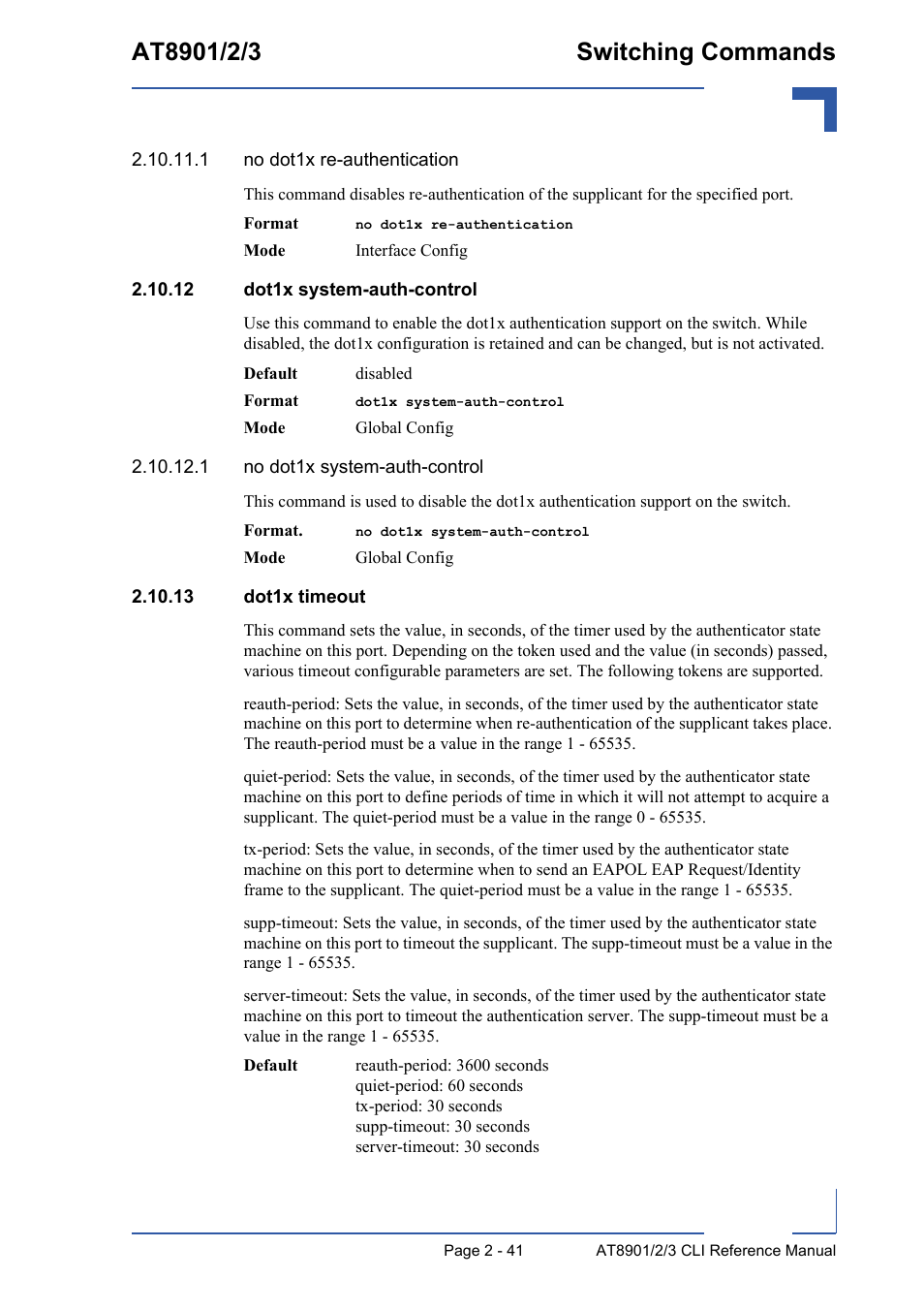 12 dot1x system-auth-control, 13 dot1x timeout | Kontron AT890X Full-Size CLI User Manual | Page 75 / 304