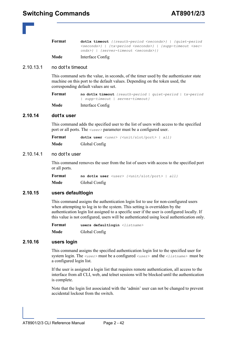 14 dot1x user, 15 users defaultlogin, 16 users login | 14 dot1x user - 42 2.10.15 users defaultlogin - 42, 16 users login - 42 | Kontron AT890X Full-Size CLI User Manual | Page 76 / 304