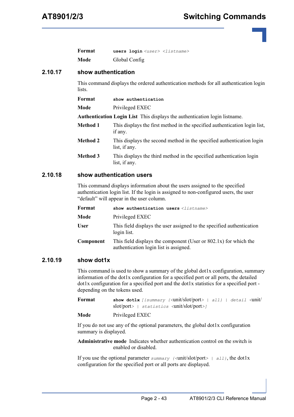 17 show authentication, 18 show authentication users, 19 show dot1x | Kontron AT890X Full-Size CLI User Manual | Page 77 / 304