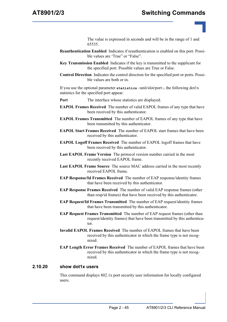 20 show dot1x users, 20 show dot1x users - 45 | Kontron AT890X Full-Size CLI User Manual | Page 79 / 304