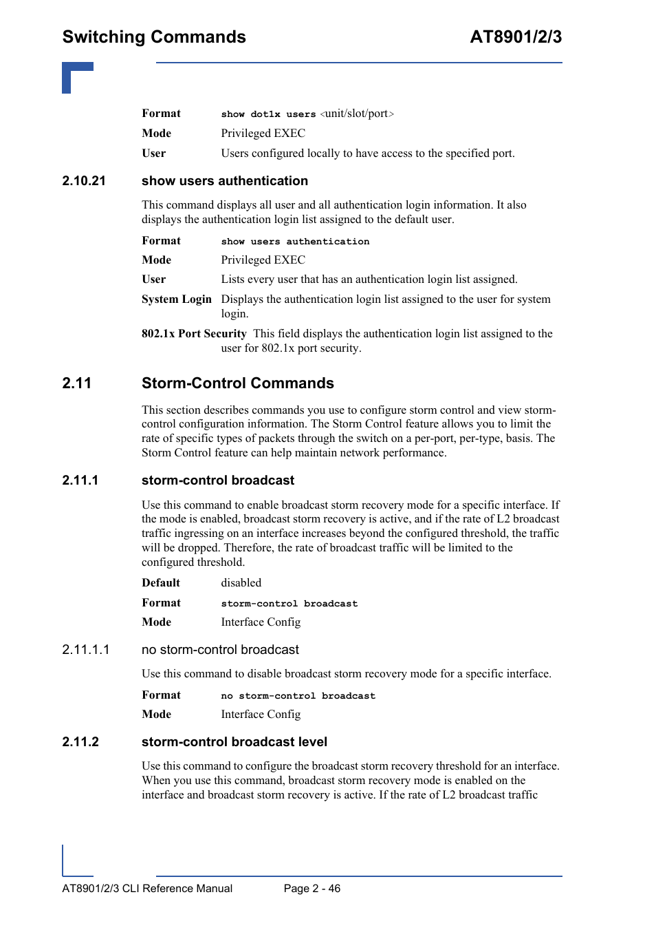 21 show users authentication, 11 storm-control commands, 1 storm-control broadcast | 2 storm-control broadcast level, 21 show users authentication - 46, 11 storm-control commands - 46 | Kontron AT890X Full-Size CLI User Manual | Page 80 / 304