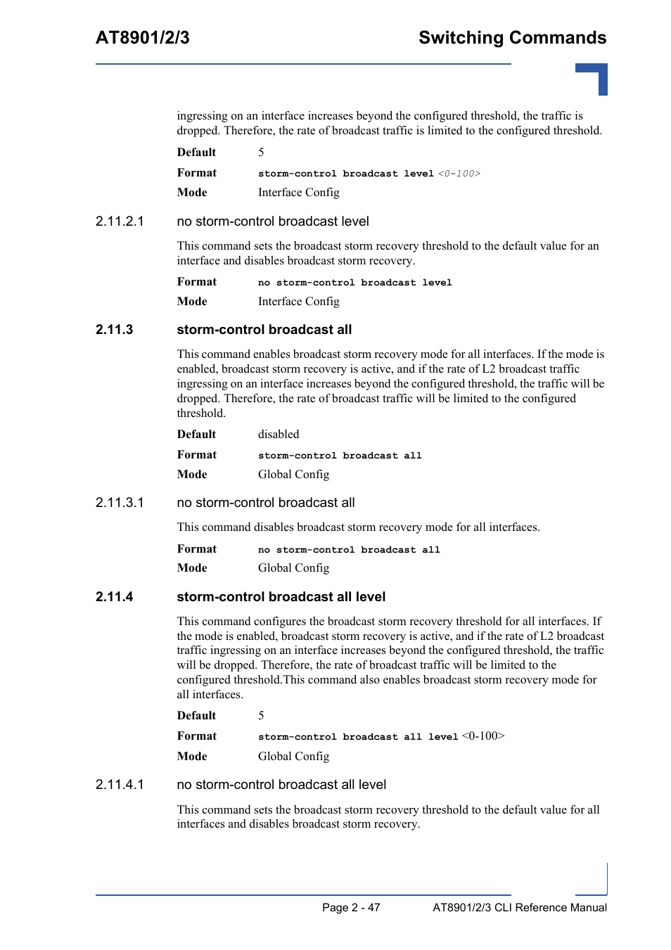 3 storm-control broadcast all, 4 storm-control broadcast all level | Kontron AT890X Full-Size CLI User Manual | Page 81 / 304