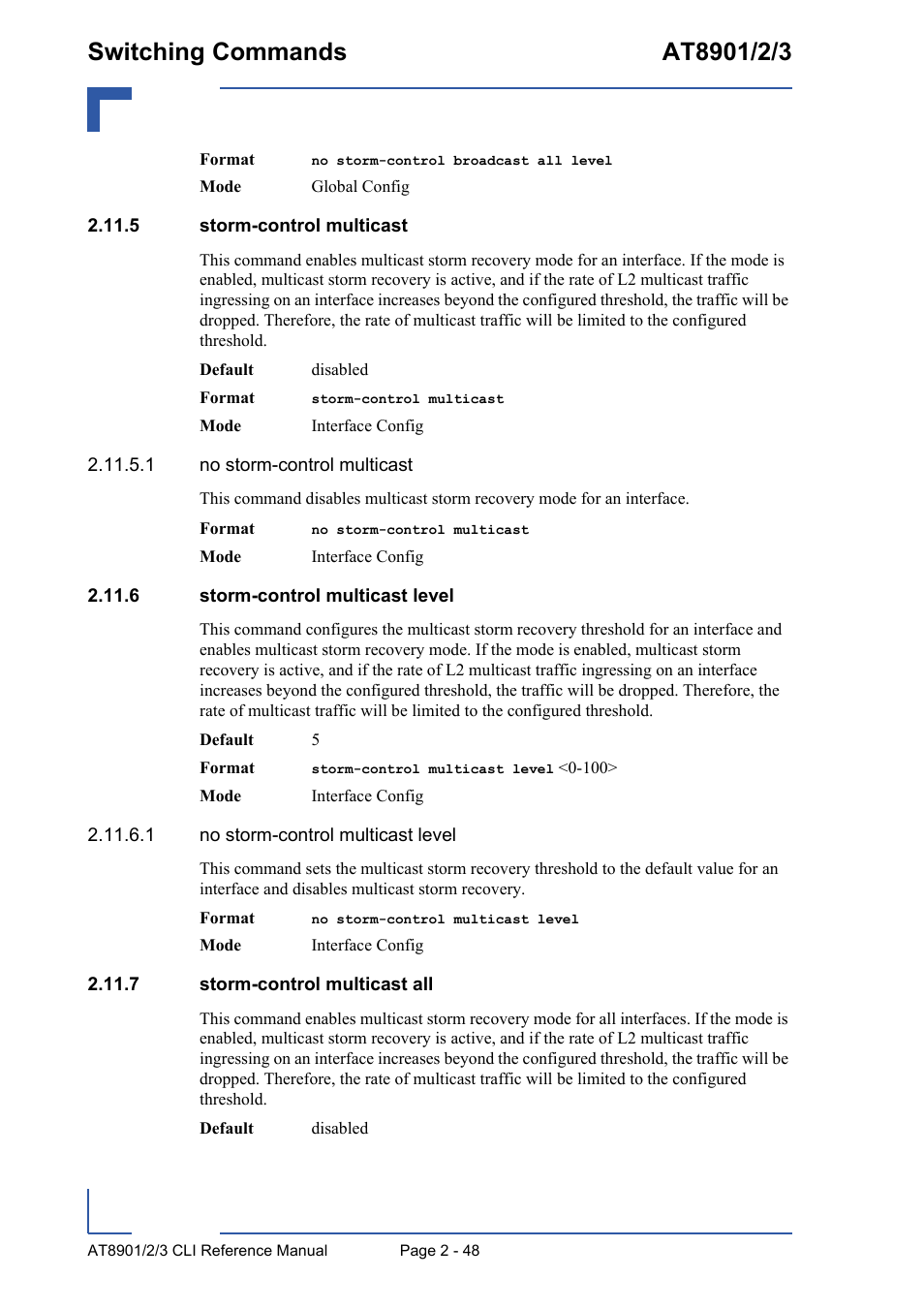 5 storm-control multicast, 6 storm-control multicast level, 7 storm-control multicast all | Kontron AT890X Full-Size CLI User Manual | Page 82 / 304