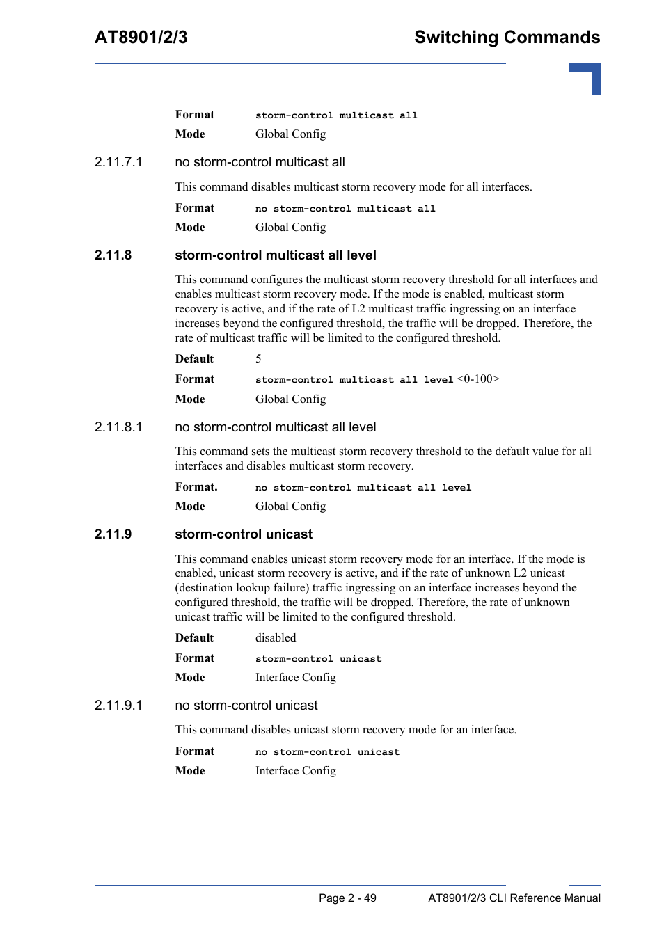 8 storm-control multicast all level, 9 storm-control unicast | Kontron AT890X Full-Size CLI User Manual | Page 83 / 304