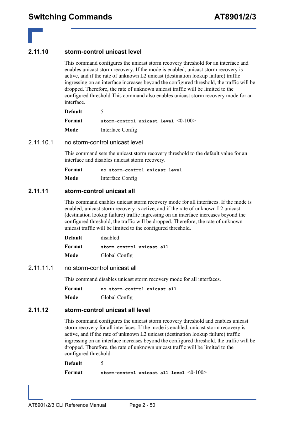 10 storm-control unicast level, 11 storm-control unicast all, 12 storm-control unicast all level | Kontron AT890X Full-Size CLI User Manual | Page 84 / 304