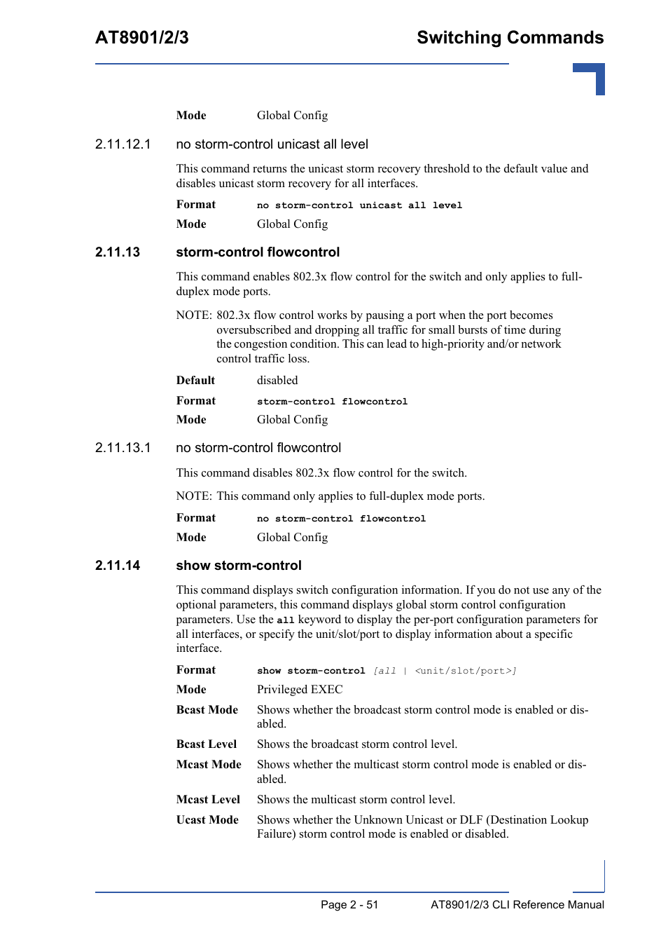 13 storm-control flowcontrol, 14 show storm-control | Kontron AT890X Full-Size CLI User Manual | Page 85 / 304