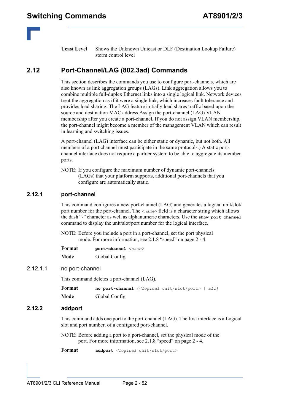 12 port-channel/lag (802.3ad) commands, 1 port-channel, 2 addport | 12 port-channel/lag (802.3ad) commands - 52, 1 port-channel - 52 2.12.2 addport - 52 | Kontron AT890X Full-Size CLI User Manual | Page 86 / 304