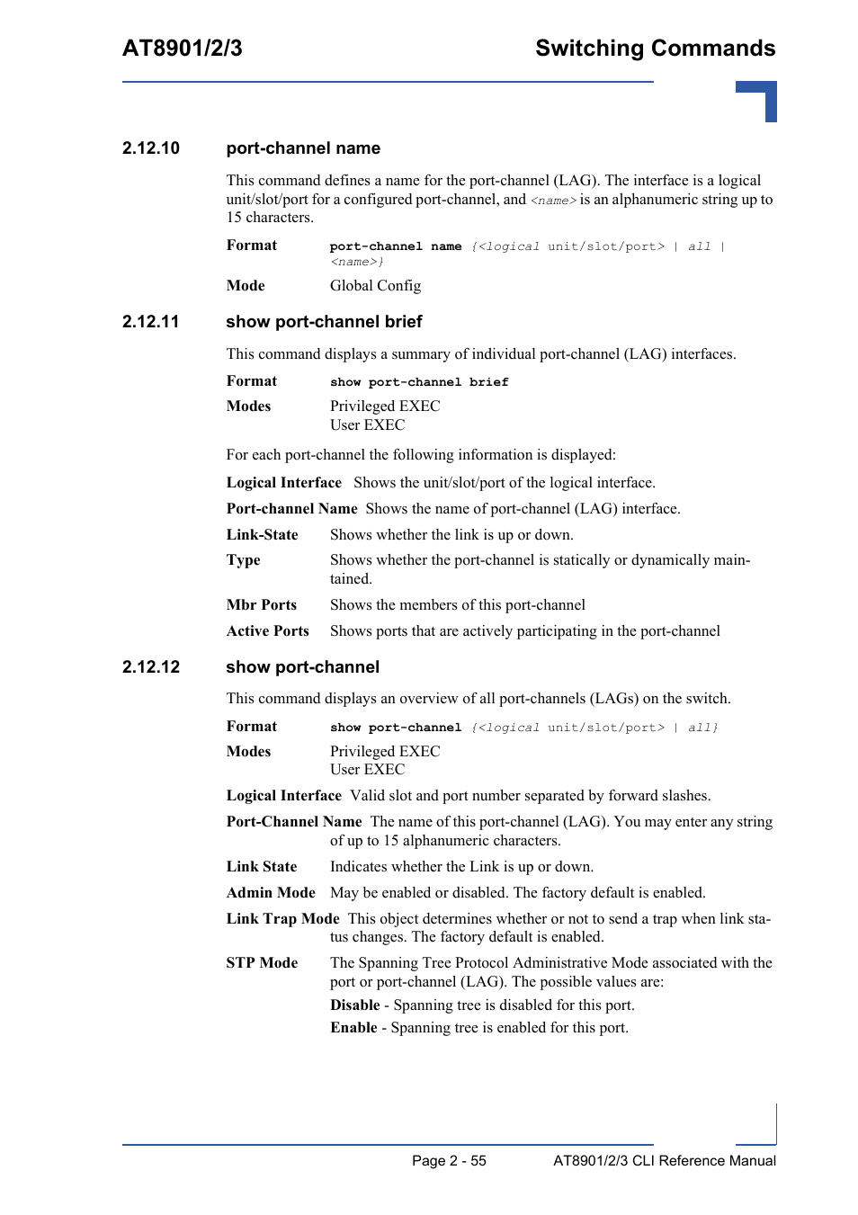 10 port-channel name, 11 show port-channel brief, 12 show port-channel | Kontron AT890X Full-Size CLI User Manual | Page 89 / 304