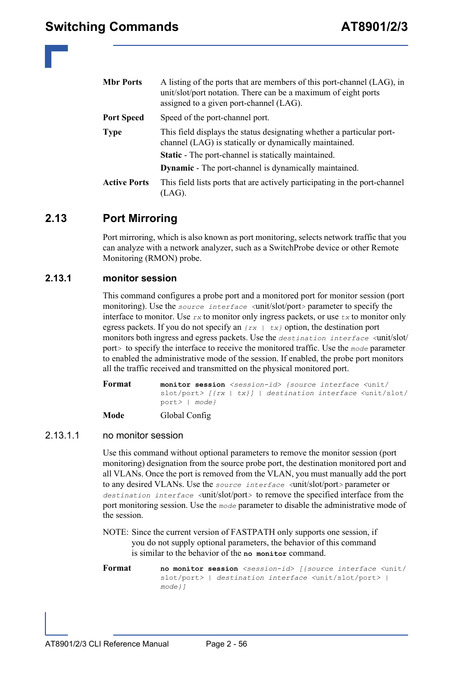 13 port mirroring, 1 monitor session, 13 port mirroring - 56 | 1 monitor session - 56 | Kontron AT890X Full-Size CLI User Manual | Page 90 / 304