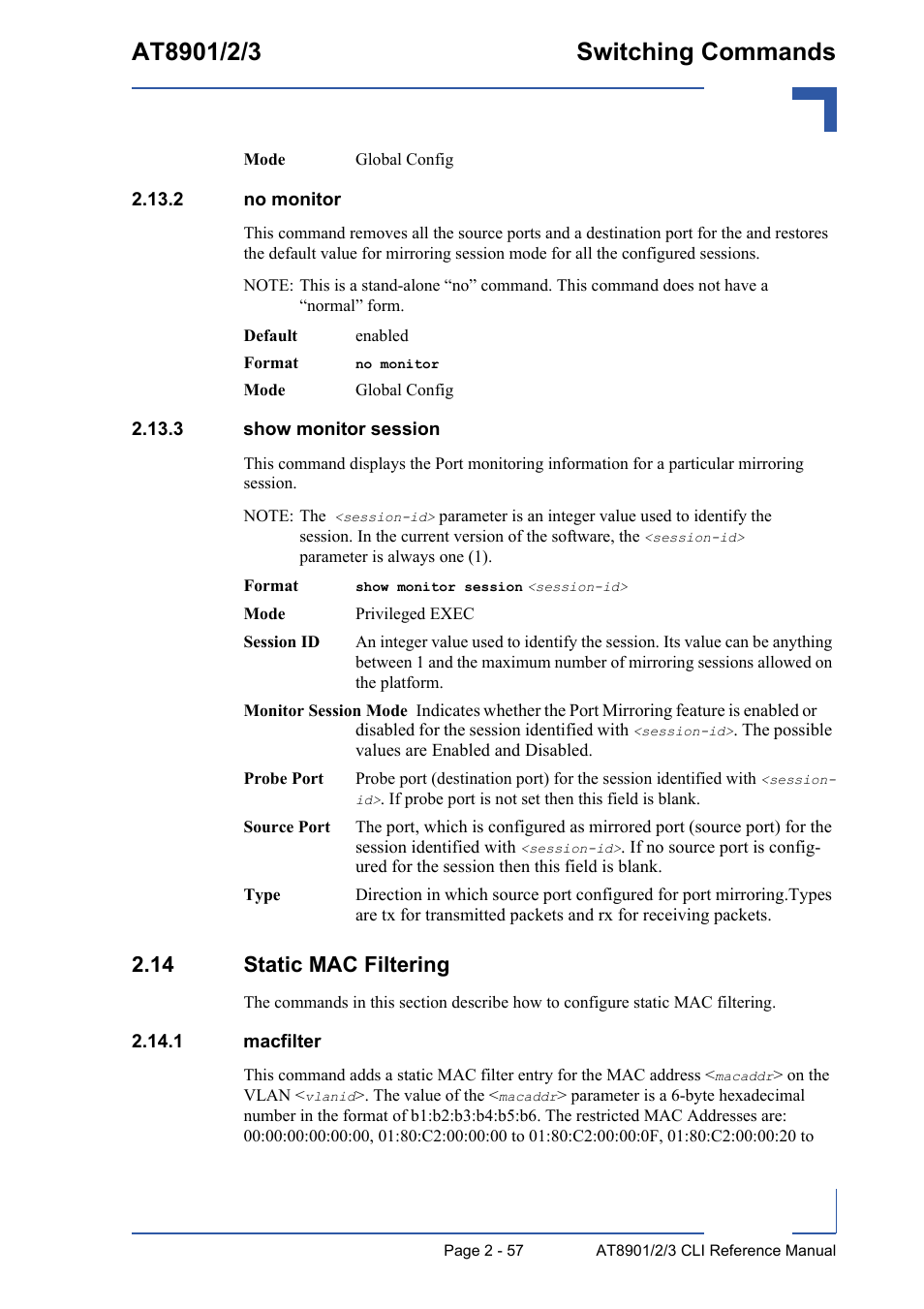 2 no monitor, 3 show monitor session, 14 static mac filtering | 1 macfilter, 2 no monitor - 57 2.13.3 show monitor session - 57, 14 static mac filtering - 57, 1 macfilter - 57 | Kontron AT890X Full-Size CLI User Manual | Page 91 / 304