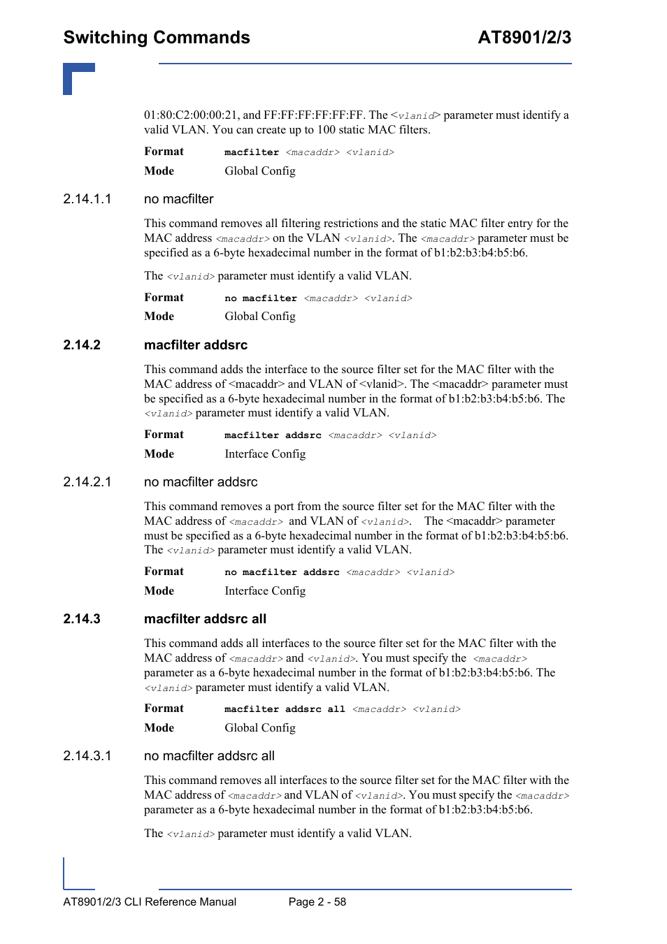 2 macfilter addsrc, 3 macfilter addsrc all | Kontron AT890X Full-Size CLI User Manual | Page 92 / 304