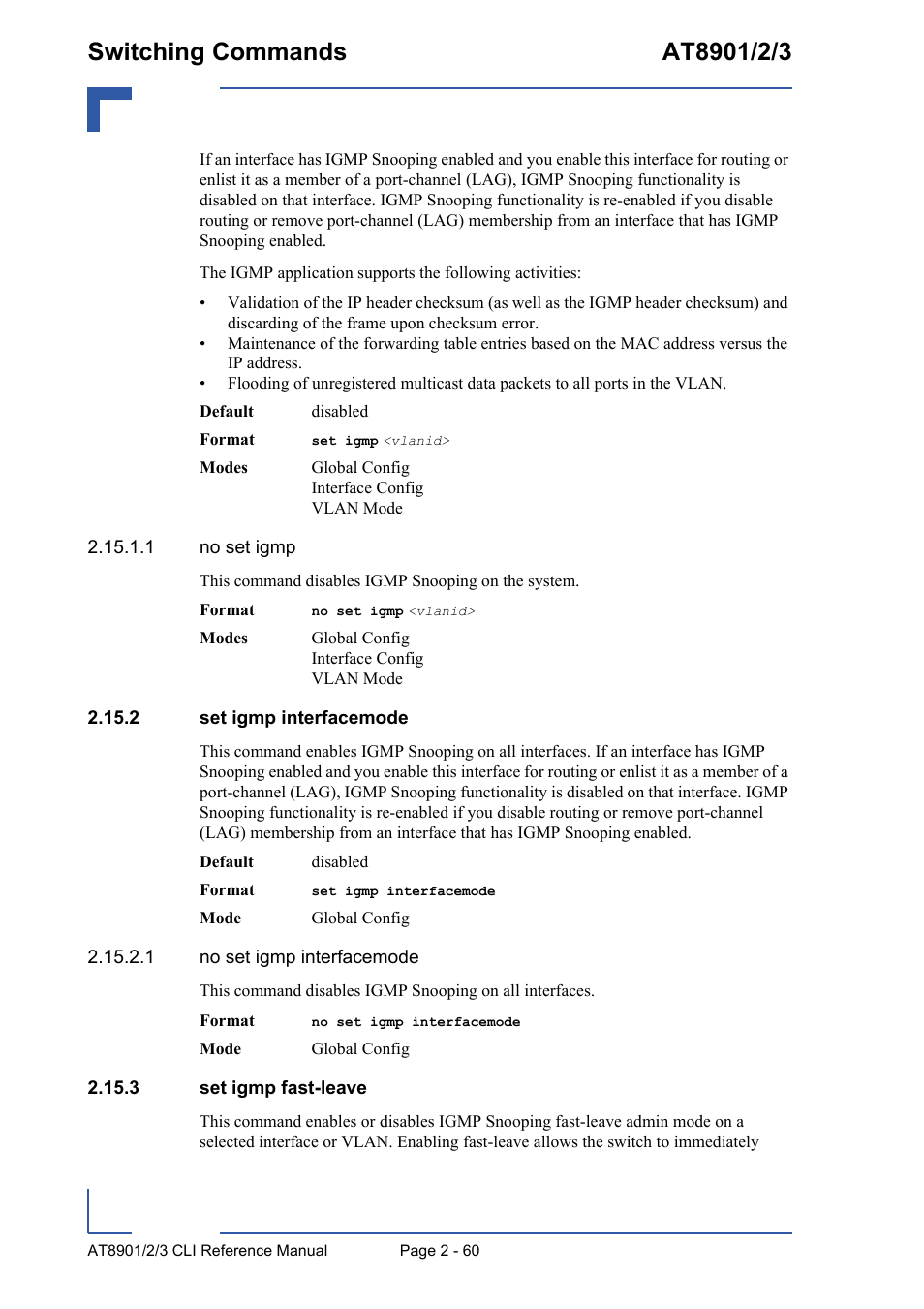 2 set igmp interfacemode, 3 set igmp fast-leave | Kontron AT890X Full-Size CLI User Manual | Page 94 / 304