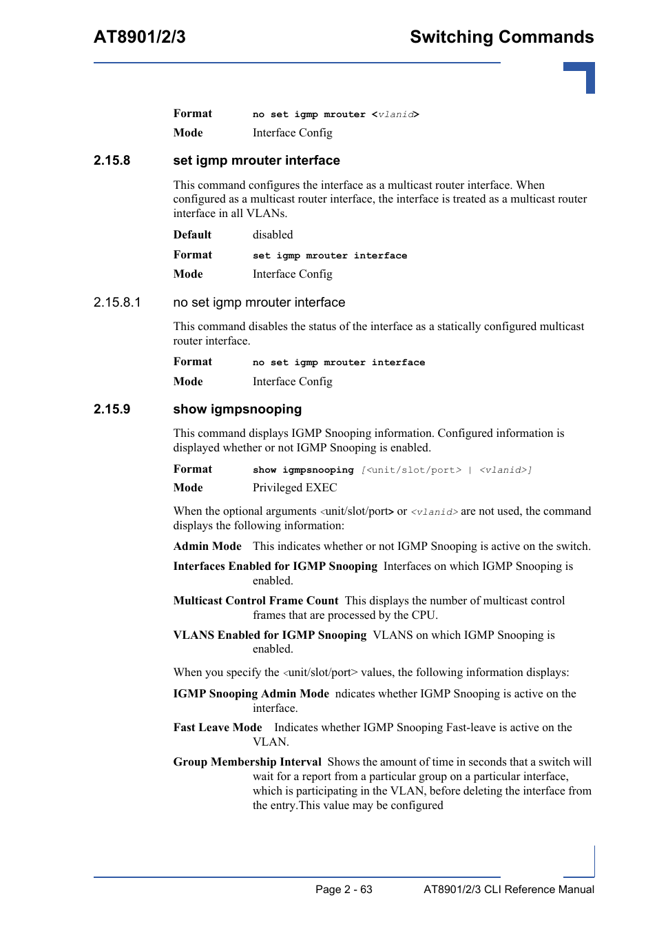 8 set igmp mrouter interface, 9 show igmpsnooping | Kontron AT890X Full-Size CLI User Manual | Page 97 / 304
