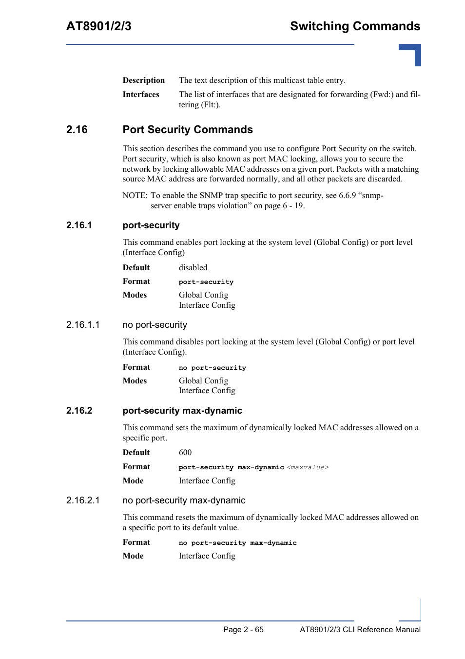 16 port security commands, 1 port-security, 2 port-security max-dynamic | 16 port security commands - 65 | Kontron AT890X Full-Size CLI User Manual | Page 99 / 304