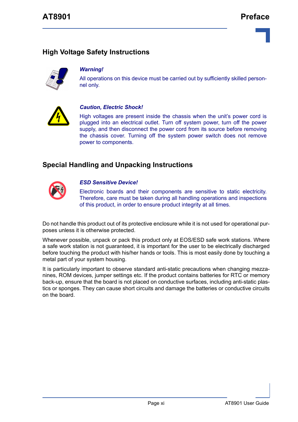 High voltage safety instructions, Special handling and unpacking instructions, At8901 preface | Kontron AT8901 User Manual | Page 10 / 79