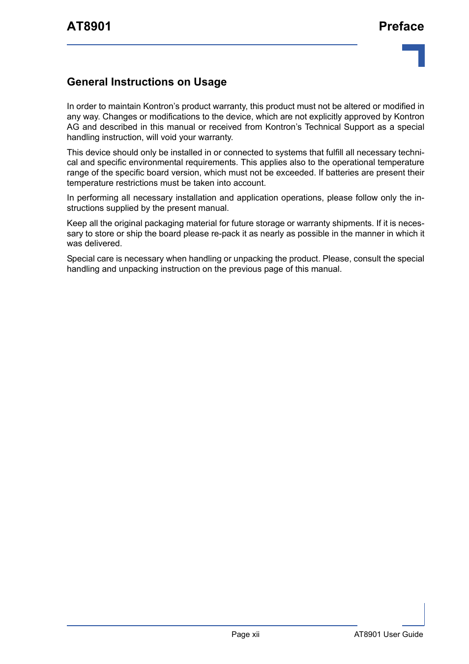 General instructions on usage, At8901 preface | Kontron AT8901 User Manual | Page 11 / 79