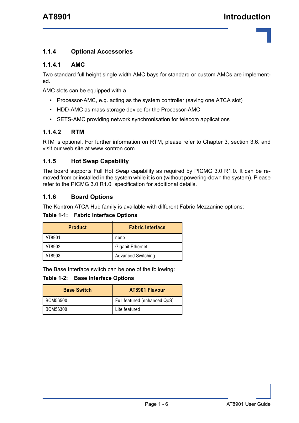 4 optional accessories, 5 hot swap capability, 6 board options | Optional accessories - 6, Hot swap capability - 6, Board options - 6, Fabric interface options - 6, Base interface options - 6, At8901 introduction | Kontron AT8901 User Manual | Page 18 / 79