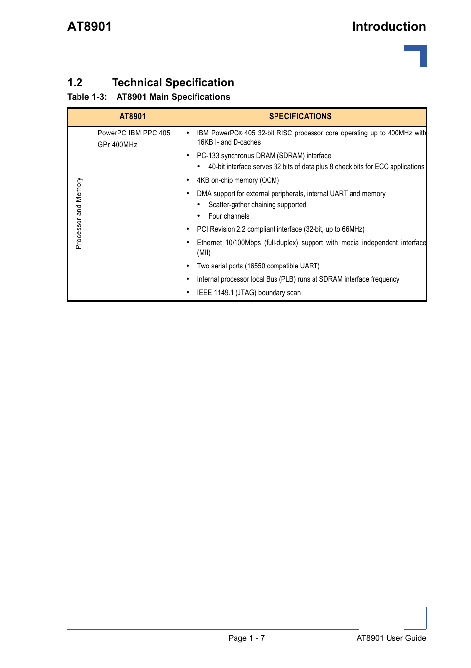 2 technical specification, 2 technical specification - 7, At8901 main specifications - 7 | At8901 introduction | Kontron AT8901 User Manual | Page 19 / 79