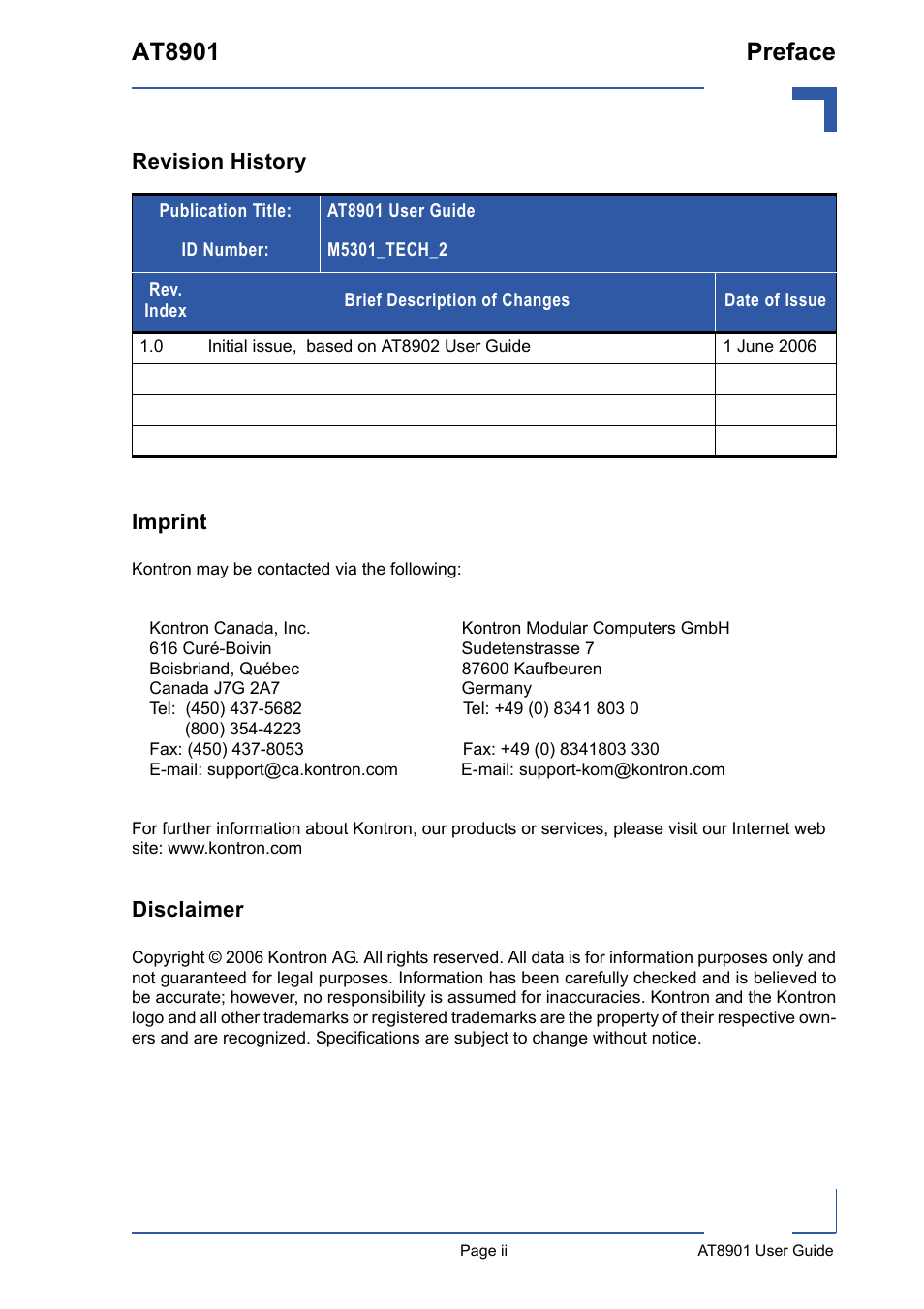 Revision history, Imprint, Disclaimer | At8901 preface, Revision history imprint | Kontron AT8901 User Manual | Page 2 / 79