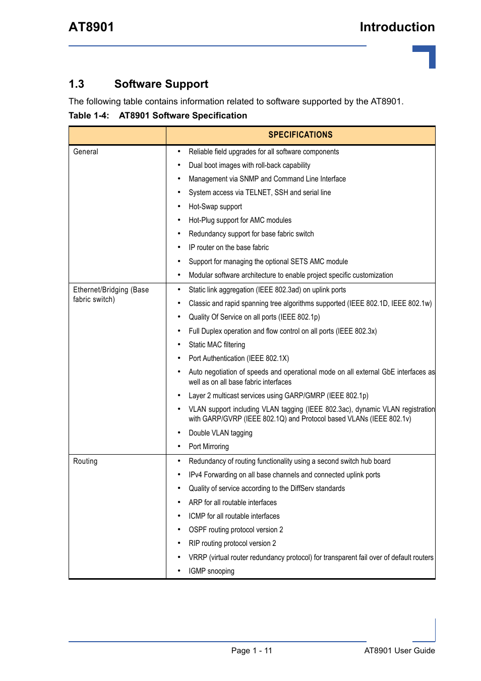 3 software support, 3 software support - 11, At8901 software specification - 11 | At8901 introduction | Kontron AT8901 User Manual | Page 23 / 79