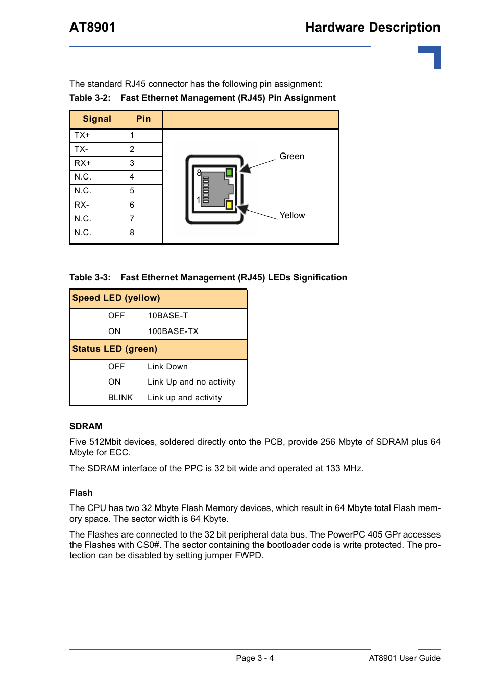 Fast ethernet management (rj45) pin assignment - 4, At8901 hardware description | Kontron AT8901 User Manual | Page 35 / 79