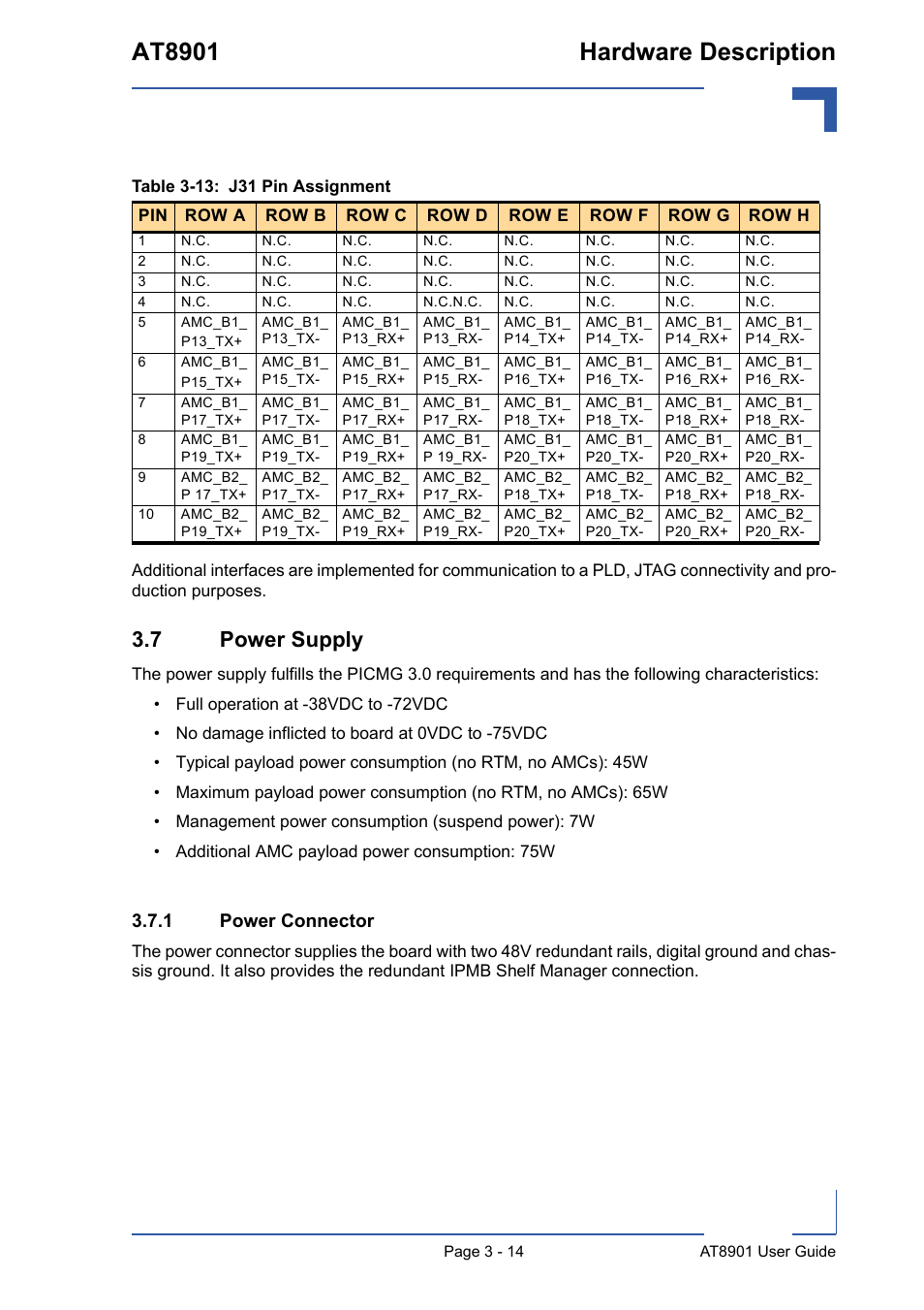 7 power supply, 1 power connector, 7 power supply - 14 | Power connector - 14, 13 j31 pin assignment - 14, At8901 hardware description | Kontron AT8901 User Manual | Page 45 / 79