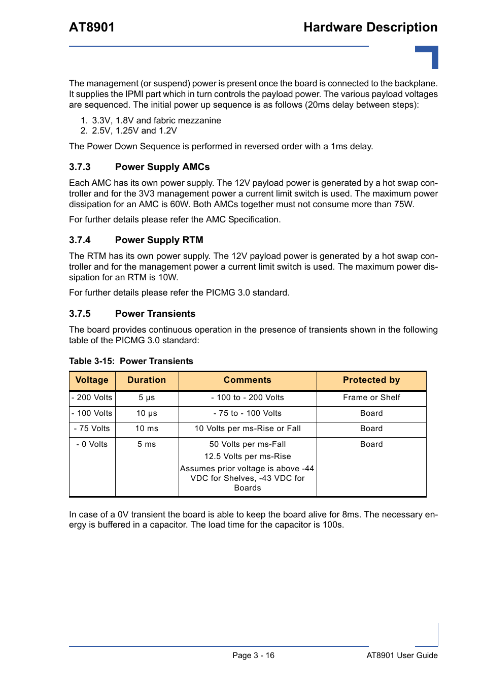 3 power supply amcs, 4 power supply rtm, 5 power transients | Power supply amcs - 16, Power supply rtm - 16, Power transients - 16, 15 power transients - 16, At8901 hardware description | Kontron AT8901 User Manual | Page 47 / 79