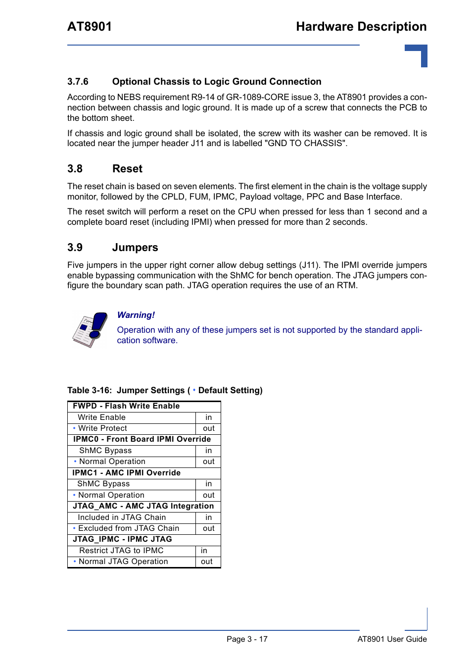 6 optional chassis to logic ground connection, 8 reset, 9 jumpers | Optional chassis to logic ground connection - 17, 8 reset - 17 3.9 jumpers - 17, 16 jumper settings ( • default setting) - 17, At8901 hardware description | Kontron AT8901 User Manual | Page 48 / 79