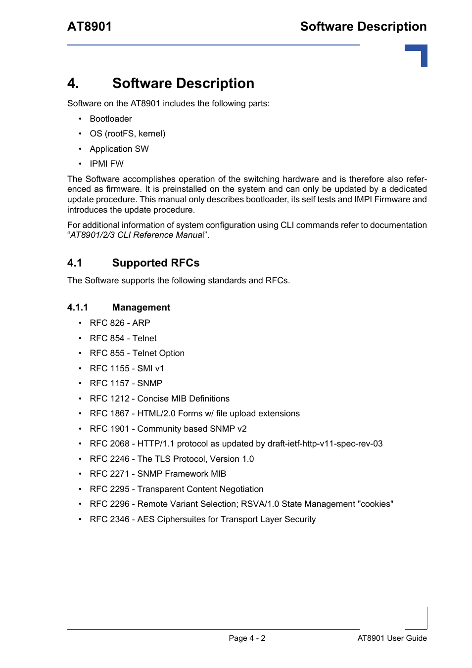 Software description, 1 supported rfcs, 1 management | Software description - 2, 1 supported rfcs - 2, Management - 2, At8901 software description | Kontron AT8901 User Manual | Page 54 / 79