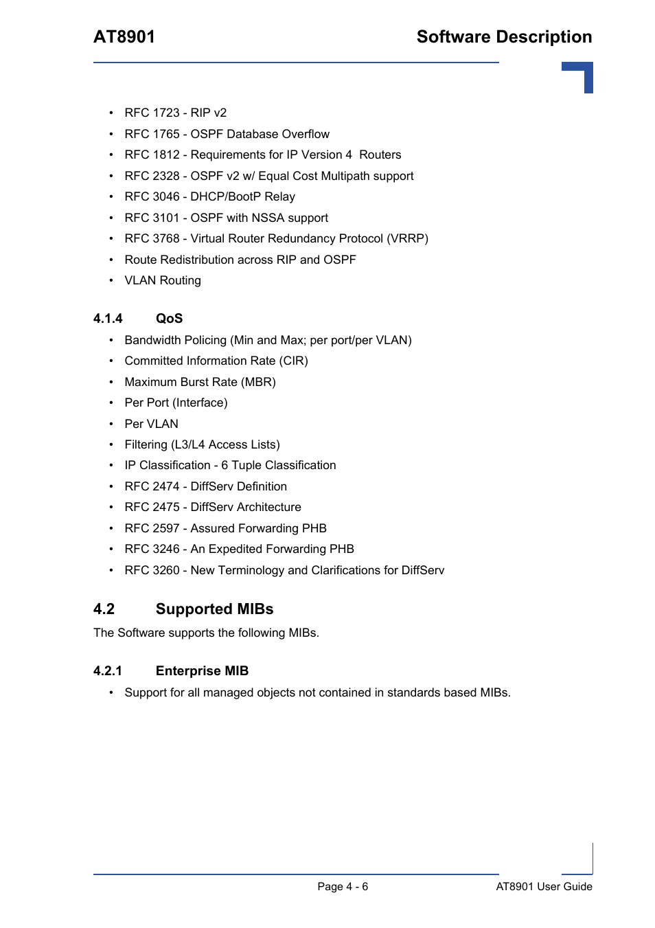 4 qos, 2 supported mibs, 1 enterprise mib | Qos - 6, 2 supported mibs - 6, Enterprise mib - 6, At8901 software description | Kontron AT8901 User Manual | Page 58 / 79