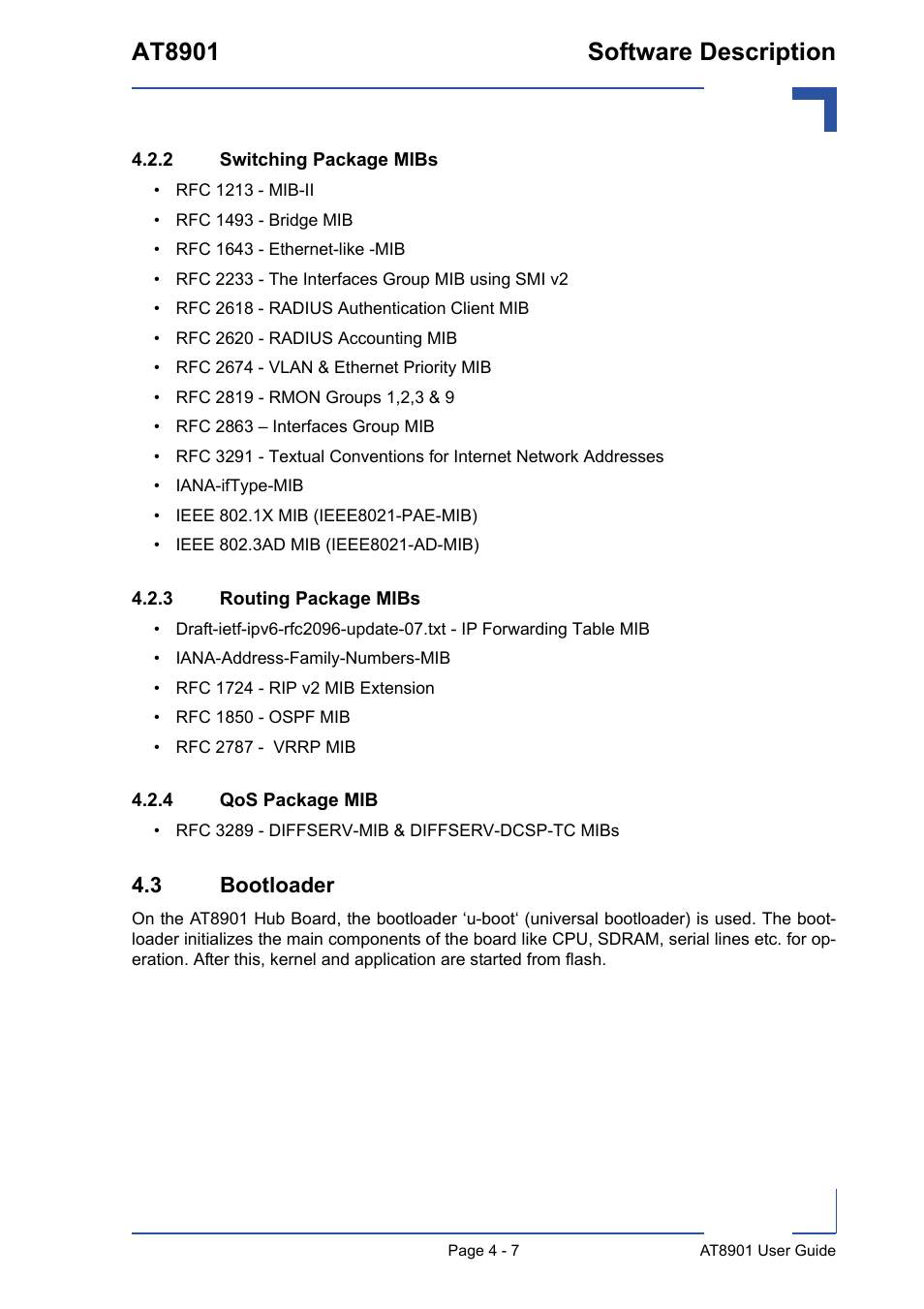 2 switching package mibs, 3 routing package mibs, 4 qos package mib | 3 bootloader, Switching package mibs - 7, Routing package mibs - 7, Qos package mib - 7, 3 bootloader - 7, At8901 software description | Kontron AT8901 User Manual | Page 59 / 79