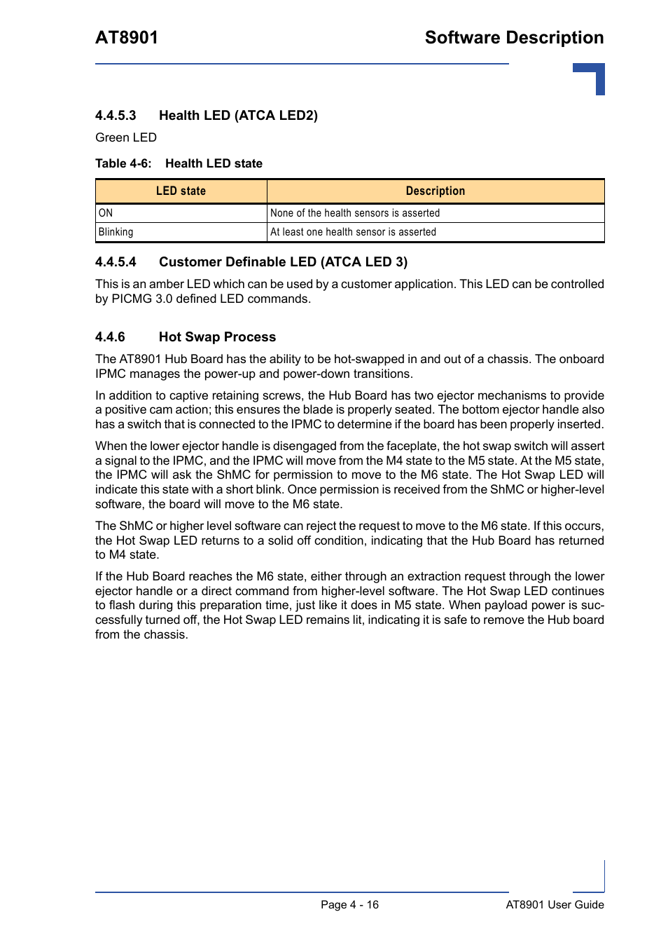 6 hot swap process, Hot swap process - 16, Health led state - 16 | At8901 software description | Kontron AT8901 User Manual | Page 68 / 79