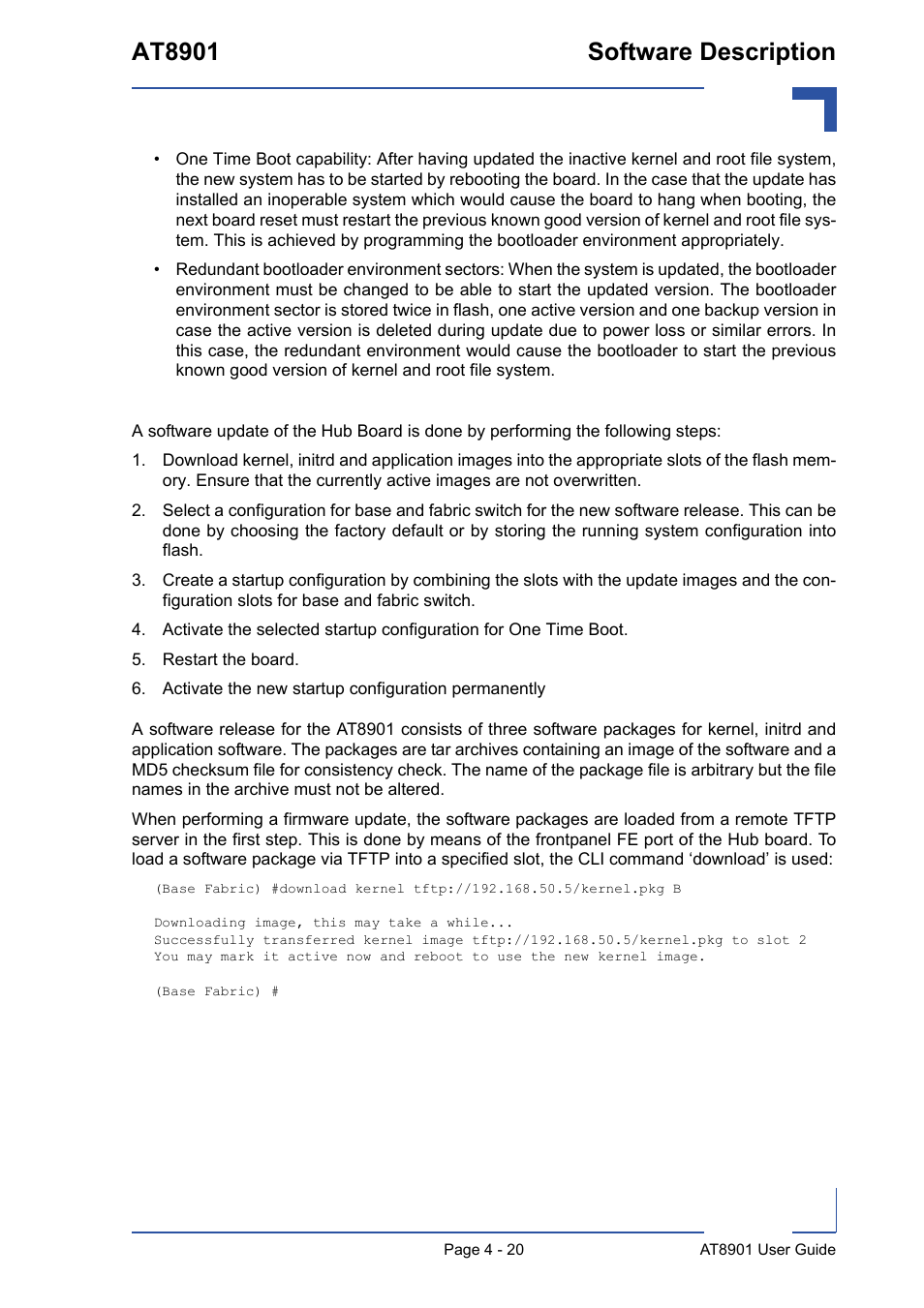 Restart the board, Activate the new startup configuration permanently, At8901 software description | Kontron AT8901 User Manual | Page 72 / 79