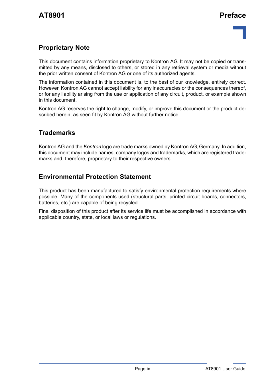 Proprietary note, Trademarks, Environmental protection statement | At8901 preface | Kontron AT8901 User Manual | Page 8 / 79