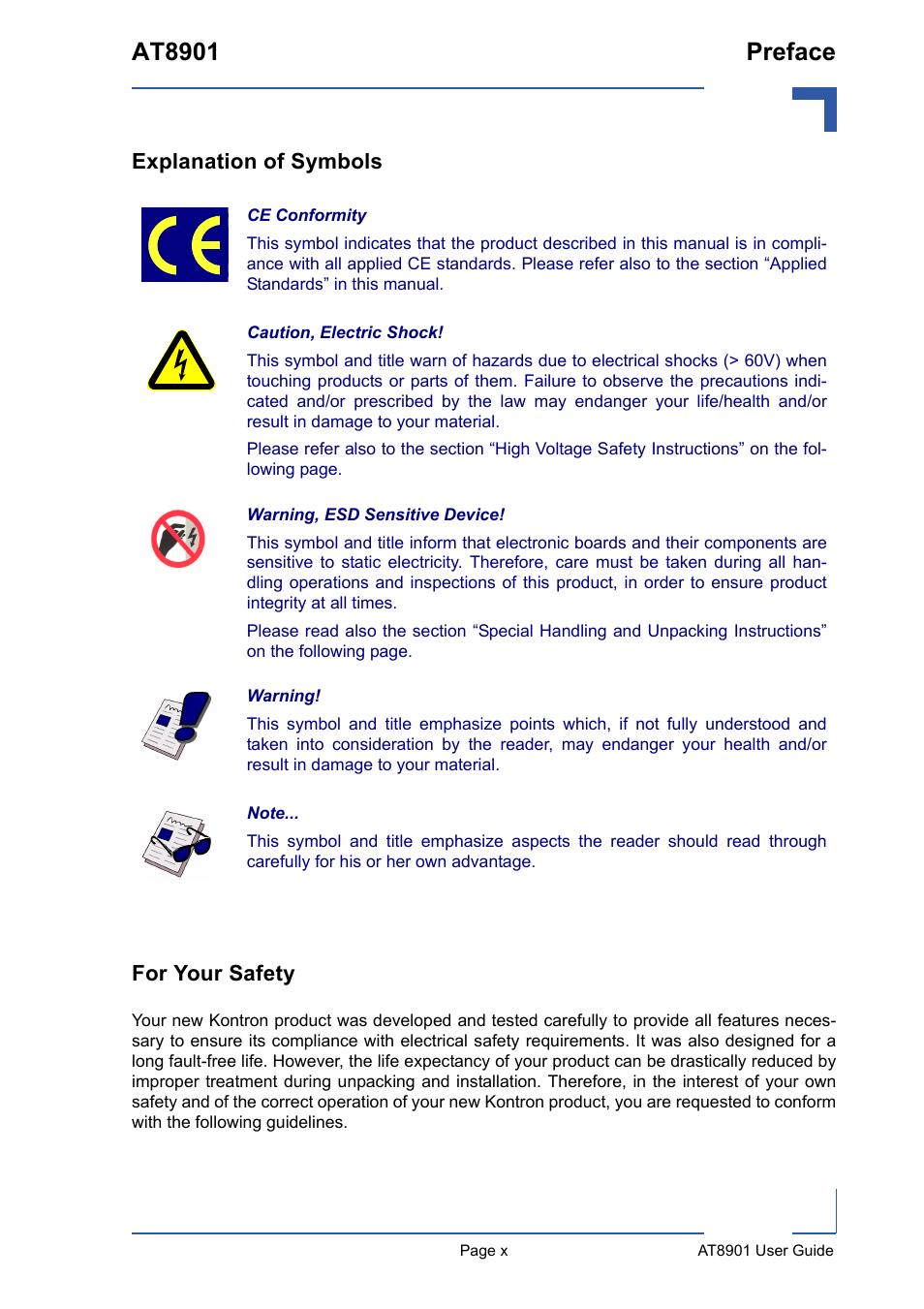 Explanation of symbols, For your safety, At8901 preface | Kontron AT8901 User Manual | Page 9 / 79