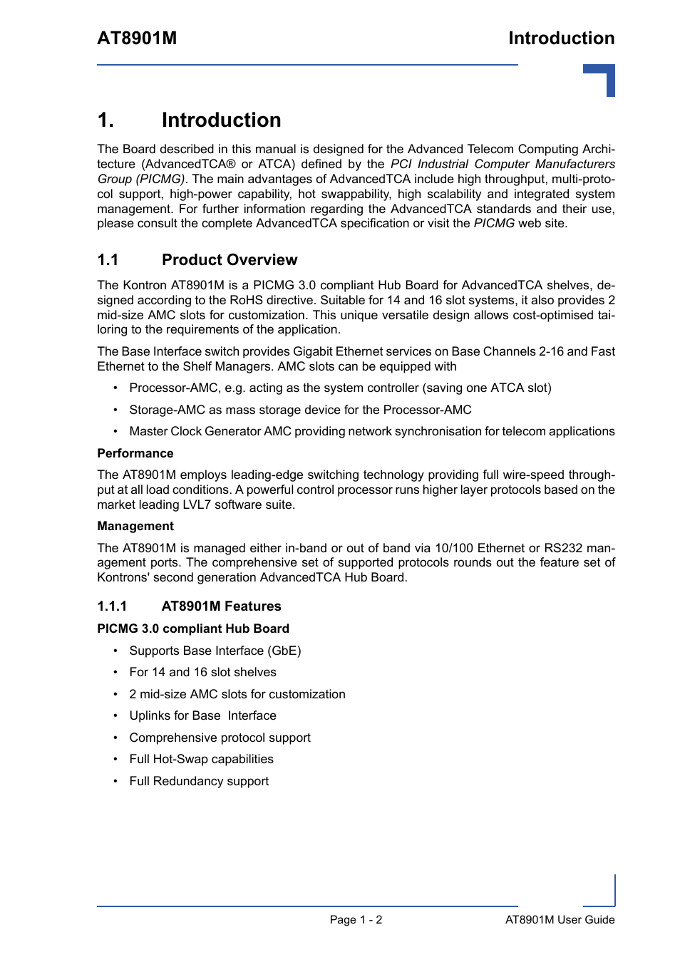 Introduction, 1 product overview, 1 at8901m features | Introduction - 2, 1 product overview - 2, At8901m features - 2, At8901m introduction | Kontron AT8901M User Manual | Page 15 / 76