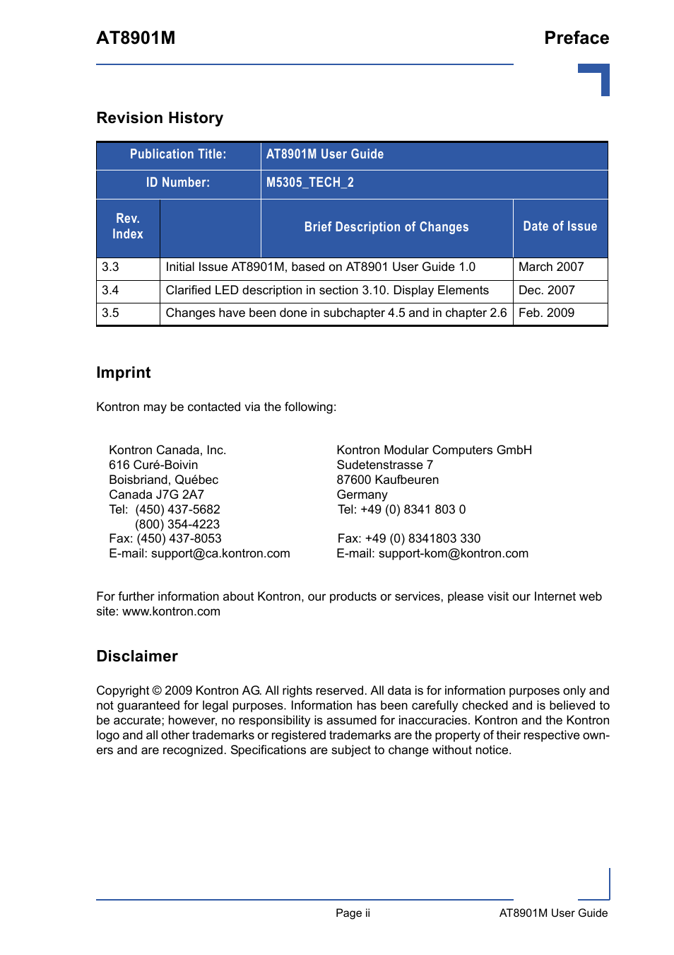 Revision history, Imprint, Disclaimer | At8901m preface, Revision history imprint | Kontron AT8901M User Manual | Page 2 / 76