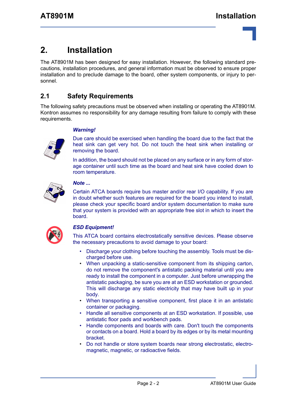 Installation, 1 safety requirements, Installation - 2 | 1 safety requirements - 2, At8901m installation | Kontron AT8901M User Manual | Page 26 / 76