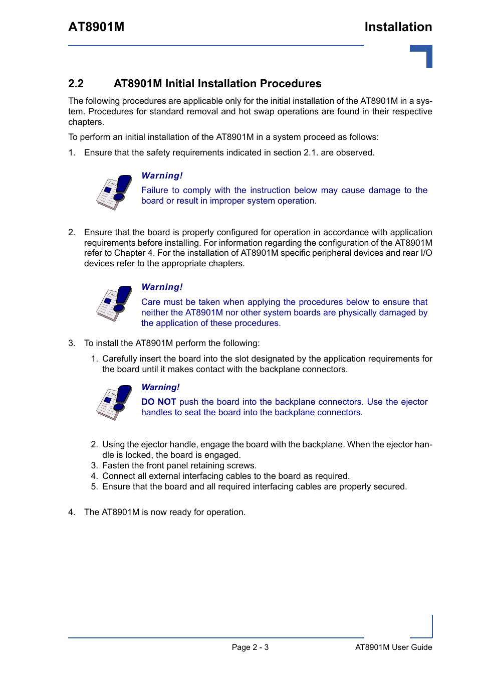 2 at8901m initial installation procedures, To install the at8901m perform the following, 2 at8901m initial installation procedures - 3 | At8901m installation | Kontron AT8901M User Manual | Page 27 / 76