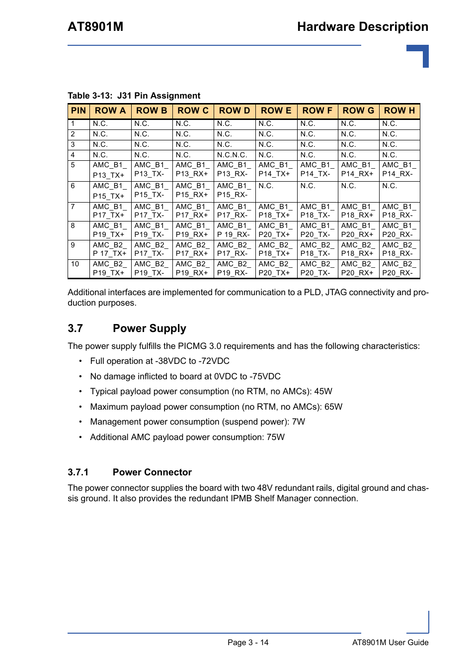 7 power supply, 1 power connector, 7 power supply - 14 | Power connector - 14, At8901m hardware description | Kontron AT8901M User Manual | Page 44 / 76