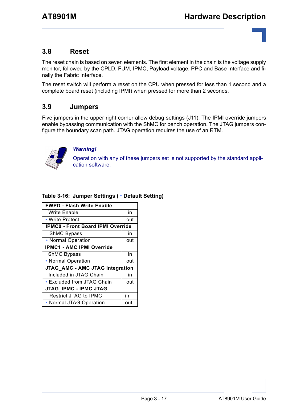 8 reset, 9 jumpers, 8 reset - 17 3.9 jumpers - 17 | At8901m hardware description | Kontron AT8901M User Manual | Page 47 / 76