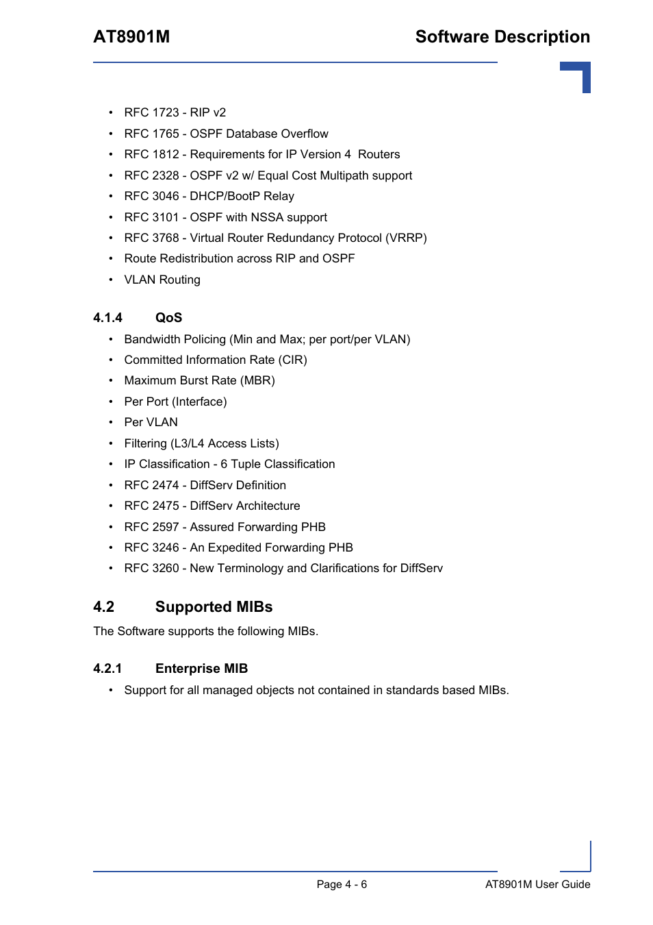 4 qos, 2 supported mibs, 1 enterprise mib | Qos - 6, 2 supported mibs - 6, Enterprise mib - 6, At8901m software description | Kontron AT8901M User Manual | Page 56 / 76